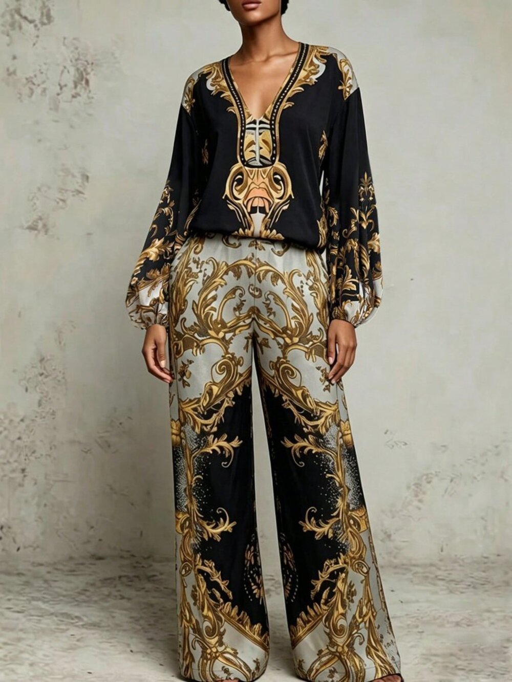 Black Elegant Women's V Neck Pocket Regular Fit Long Sleeve Top And Pants Set - Picture 5 of 5